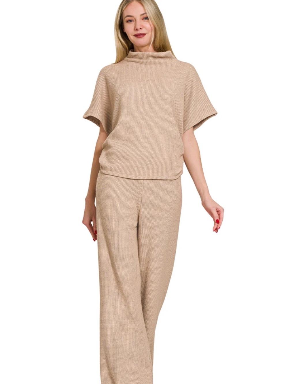 Zenana Sweater Mock Neck Short Sleeve Top/Pants Set Mocha